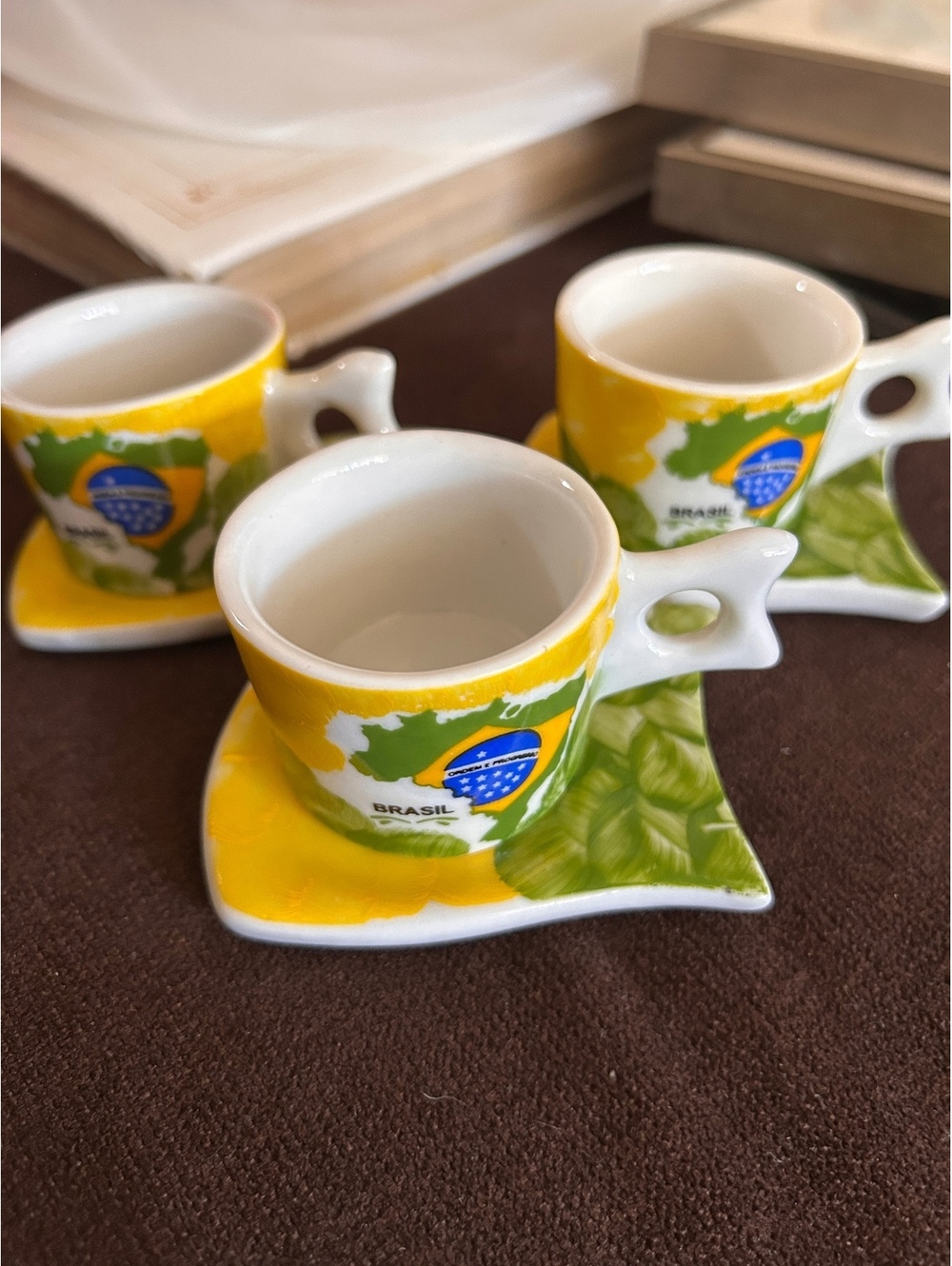 Espresso set of three in an intricate pineapple hand painted design from Brazil